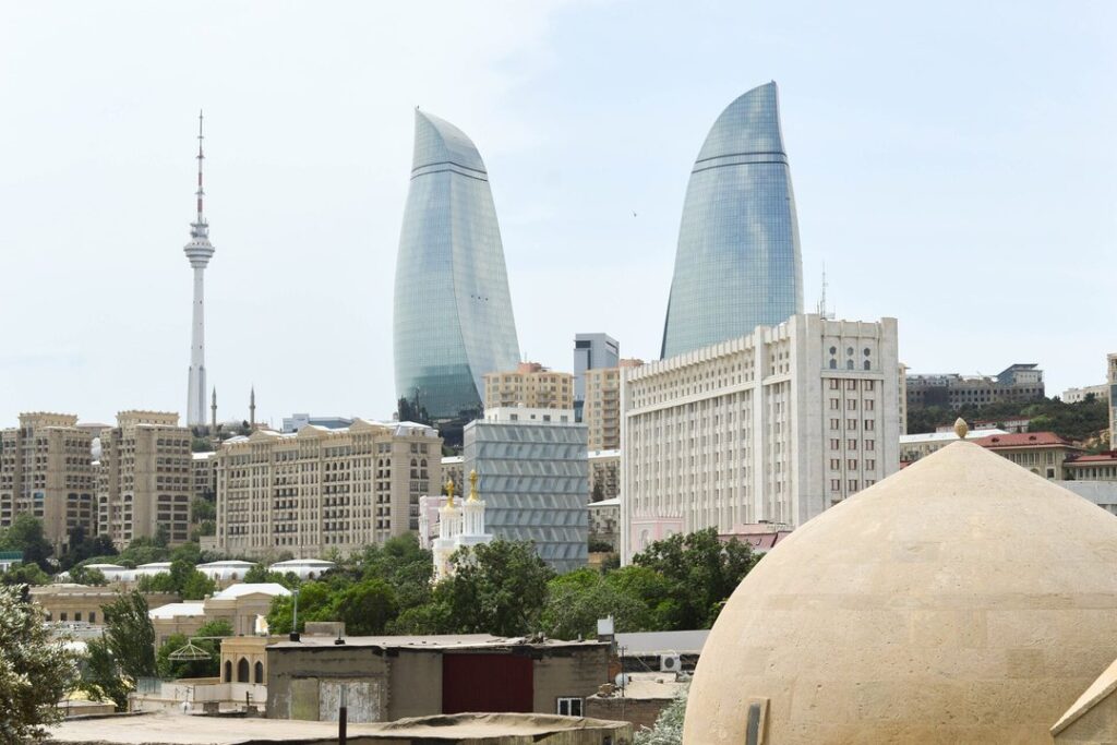 The Flame Towers rising above the skyline of Baku, Azerbaijan