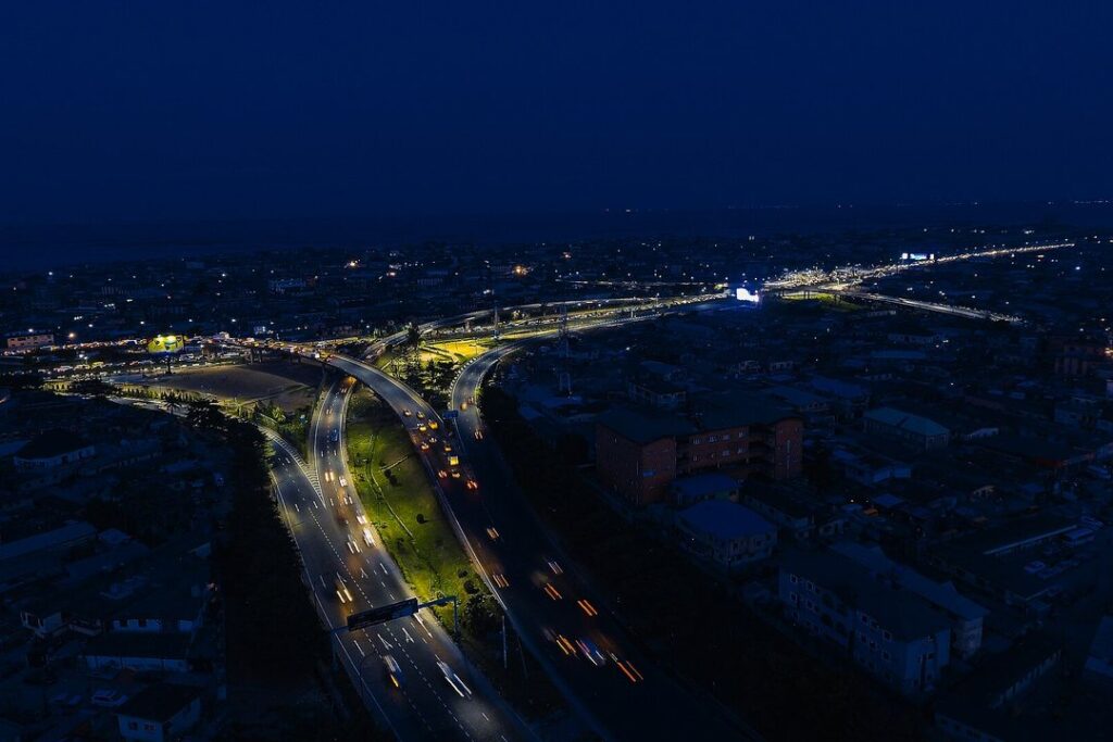 Night view of Lagos, Nigeria, with the Third Mainland Bridge and city lights